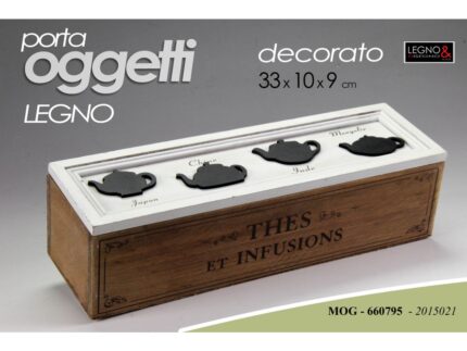 Scatola porta oggetti rettangolare in legno decorato 33x10x9cm