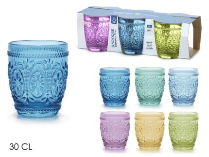 Set 6 bicchieri in vetro decorato 30cl colori assortiti stile classico con decori a rilievo, Baroque