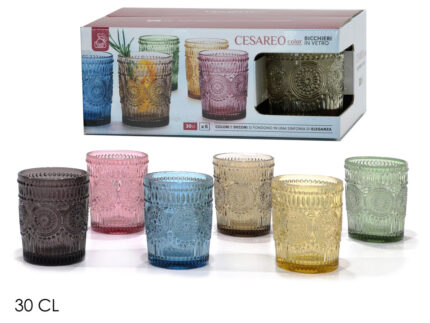 Set di 6 Bicchieri Cesareo Color 30 cl - Vetro Colorato con Fantasia Geometrica, Stile Country